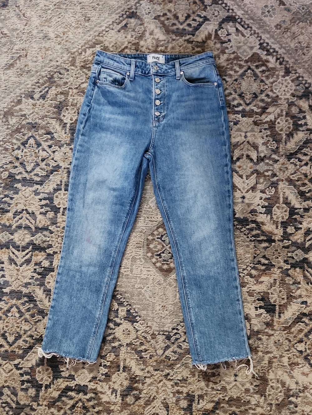 PAIGE Sarah Slim High-Rise Ankle Jeans in Light Blue Wash Button Front